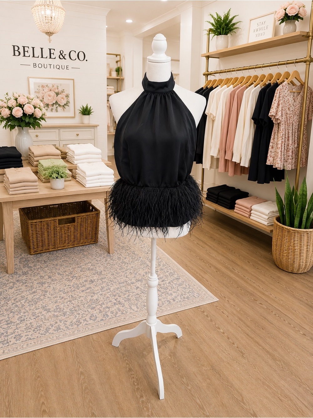Ramy Brook Black Ostrich Feather Halter Top NWT $365 Open Back Tie